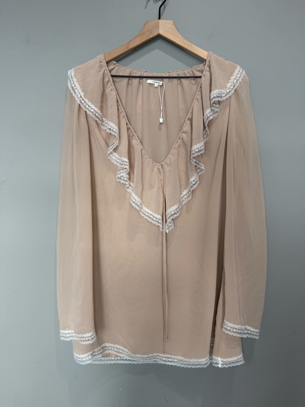 Tularosa Taupe Ruffle V-Neck Blouse with White Lace‎ Trim